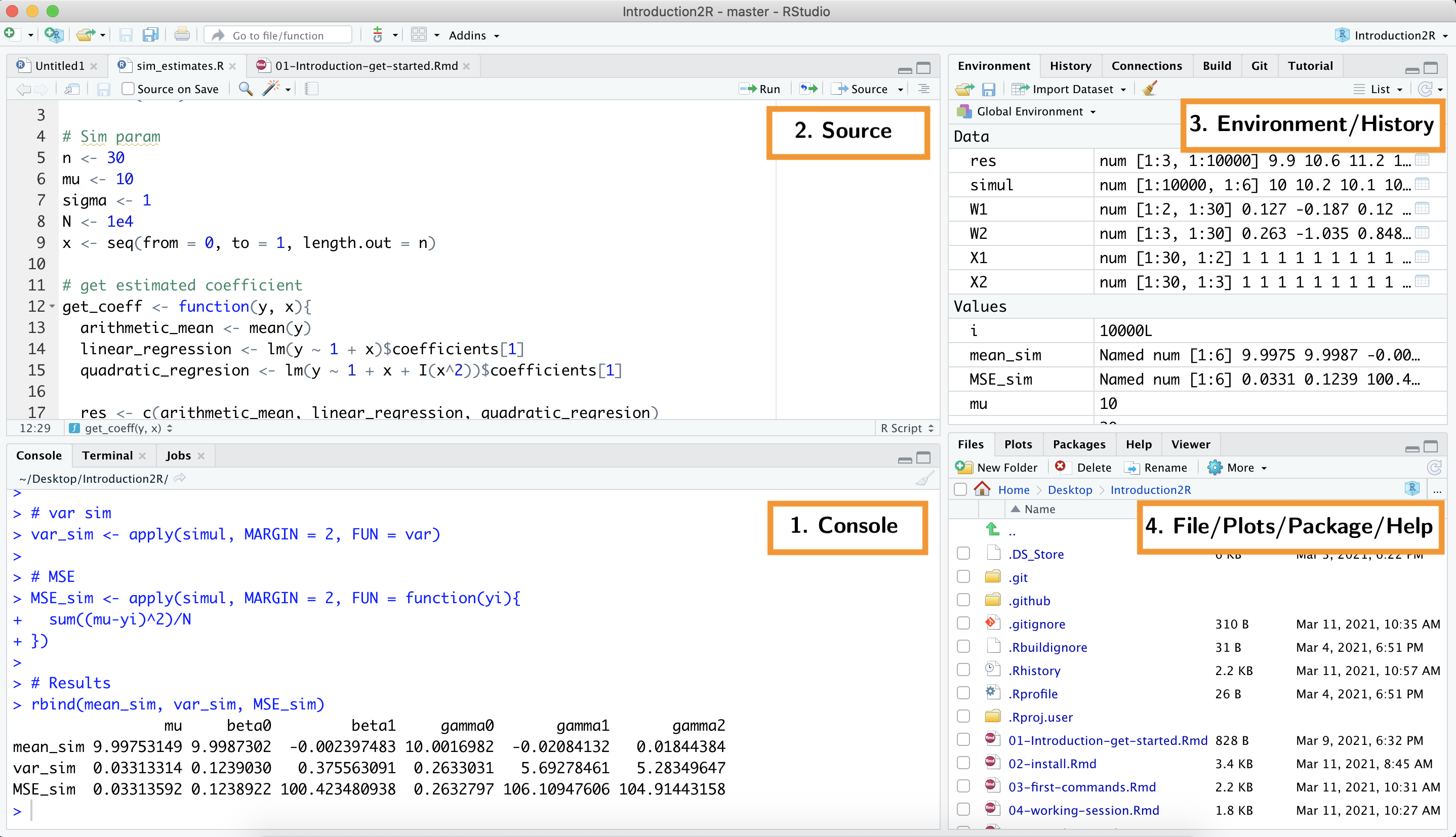 Interfaccia utente di Rstudio con i suoi 4 pannelli