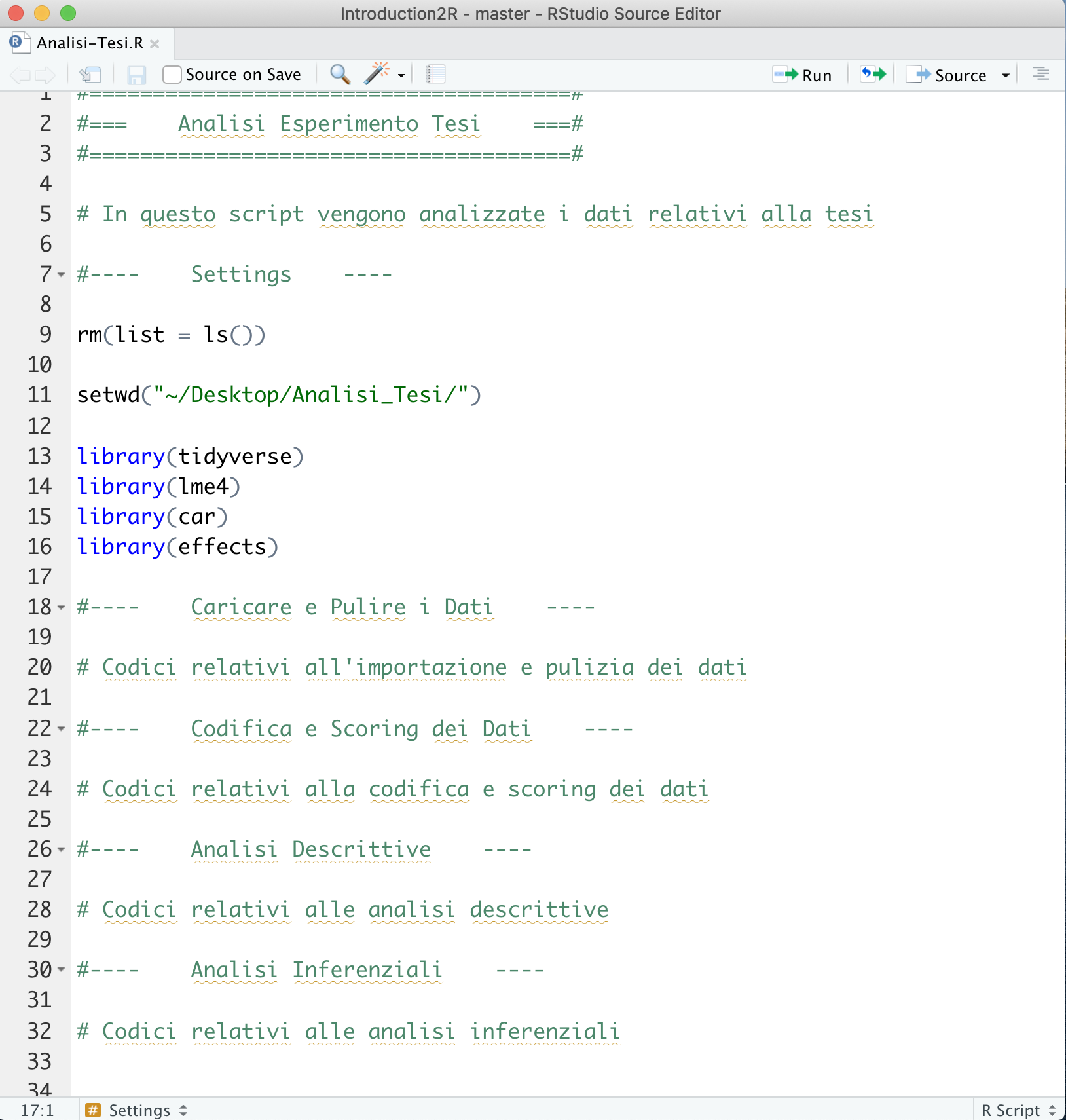 Esempio di suddivisione in sezioni di uno script