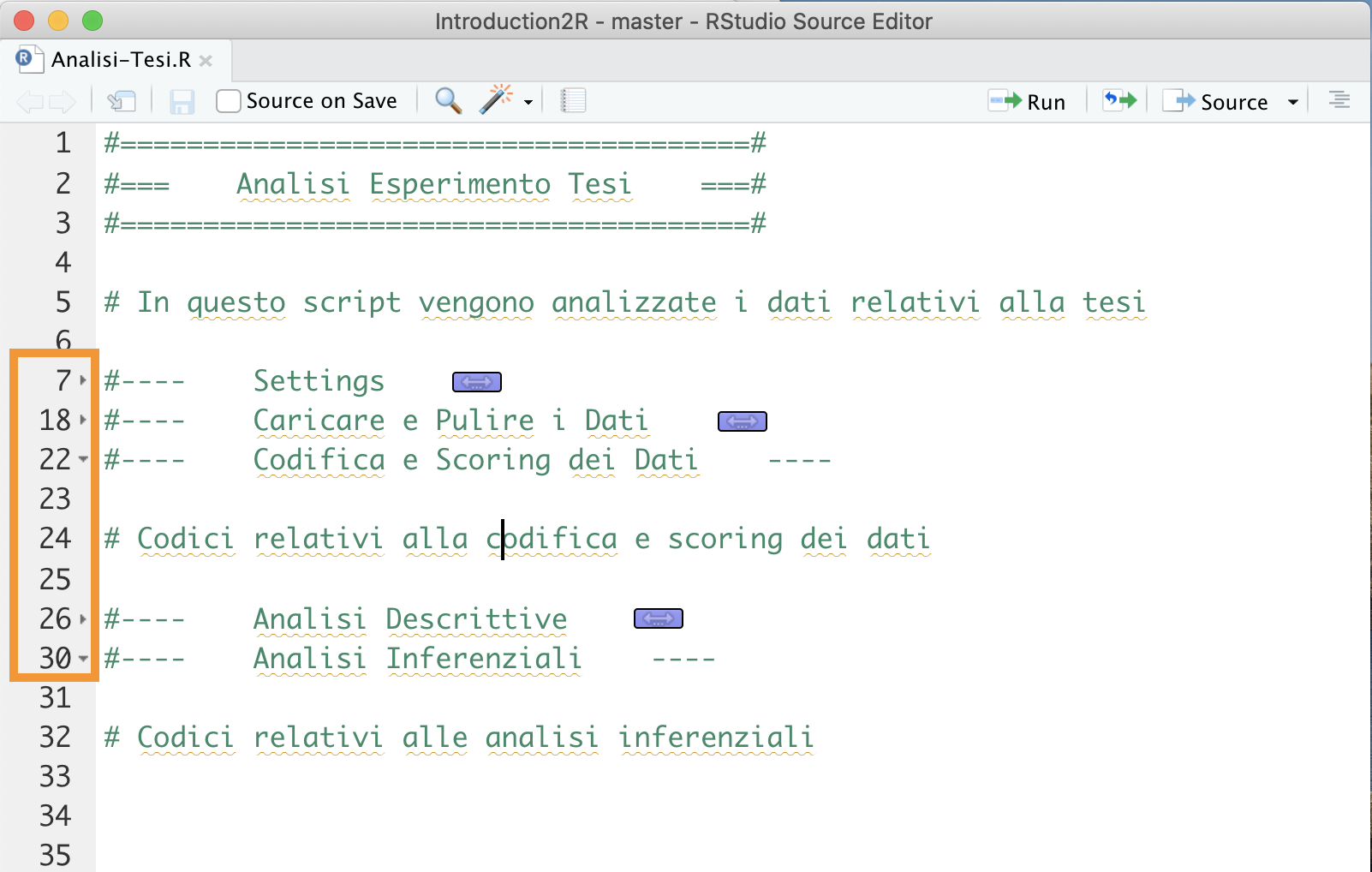 Compattare ed espandere le sezioni di codice