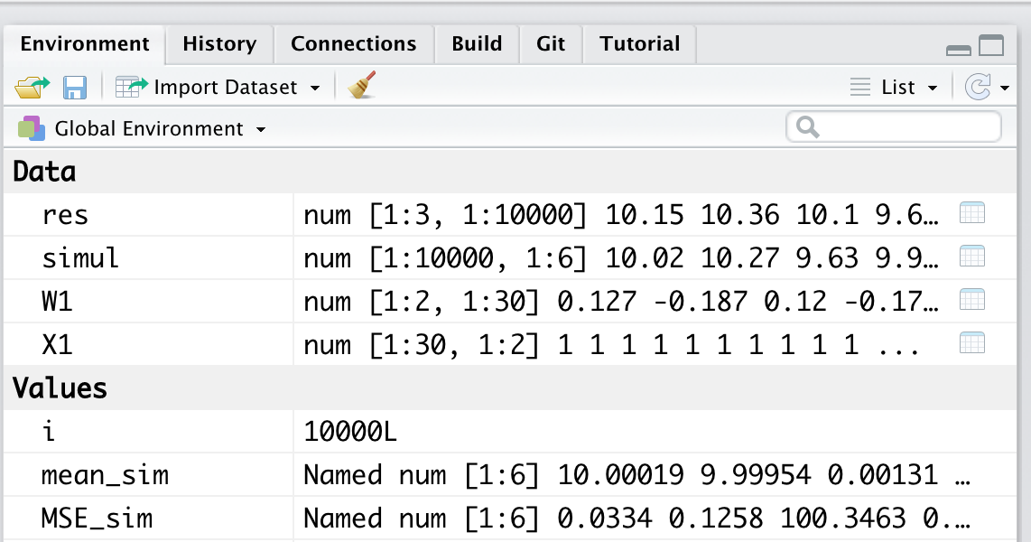 *Environment* - List of objects and variables in the working environment