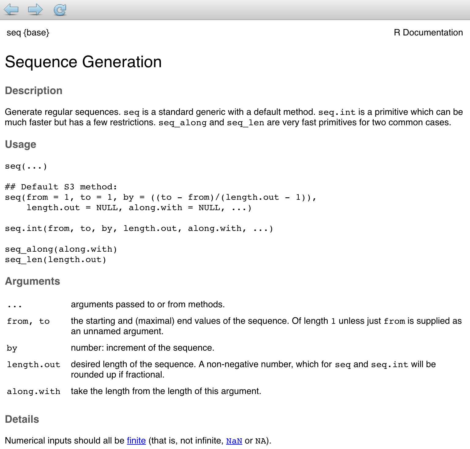 Help-page for function `seq()`